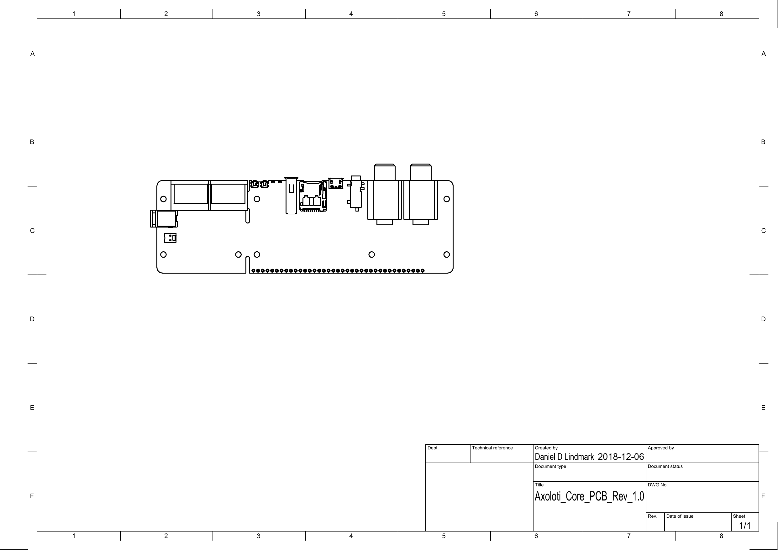 Top-view mechanical drawing of the Axoloti Core revision 1.0 circuit board