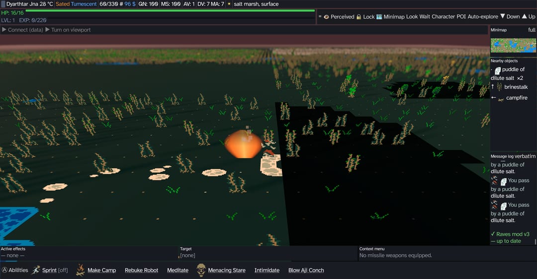 Raves of Mud rendering a Caves of Qud salt marsh as a perspective 3D scene