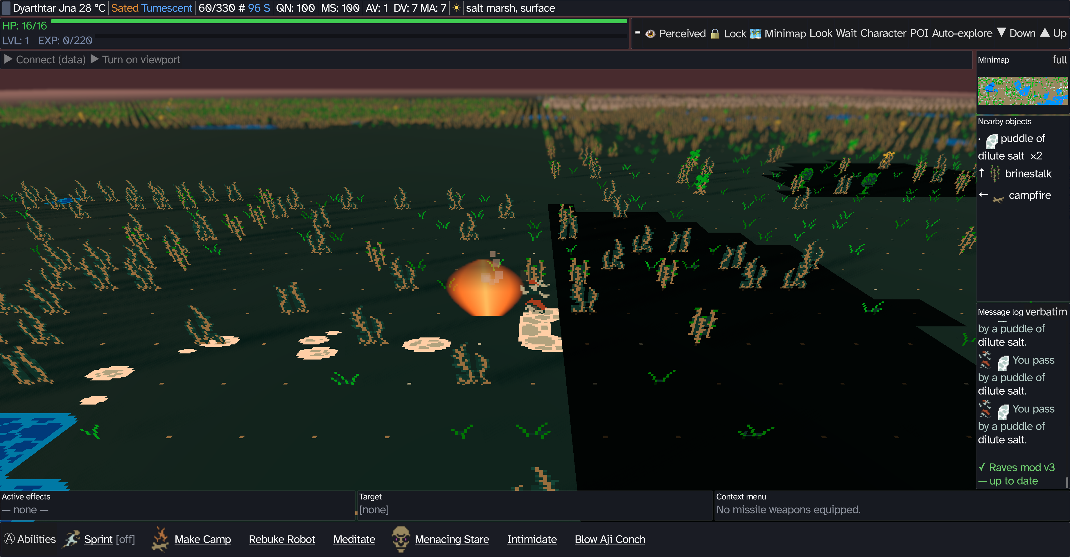 Raves of Qud rendering a Caves of Qud salt marsh as a perspective 3D scene