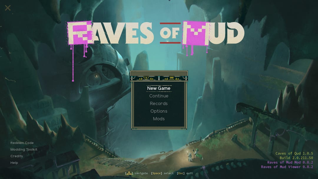 Raves of Mud title screen over Caves of Qud artwork