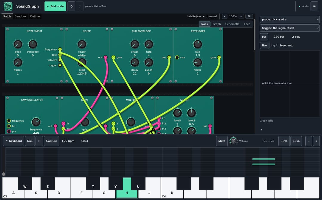 SoundGraph rack view with teal modules, bright patch cables, a piano roll, and an onscreen keyboard