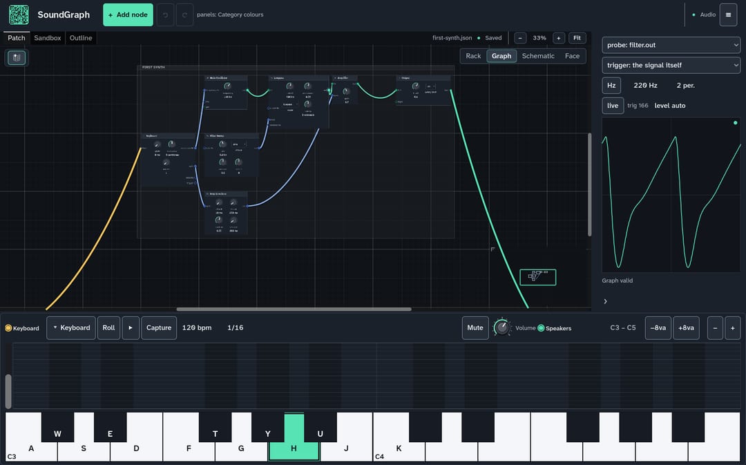 SoundGraph graph view showing a connected patch and a live filter waveform